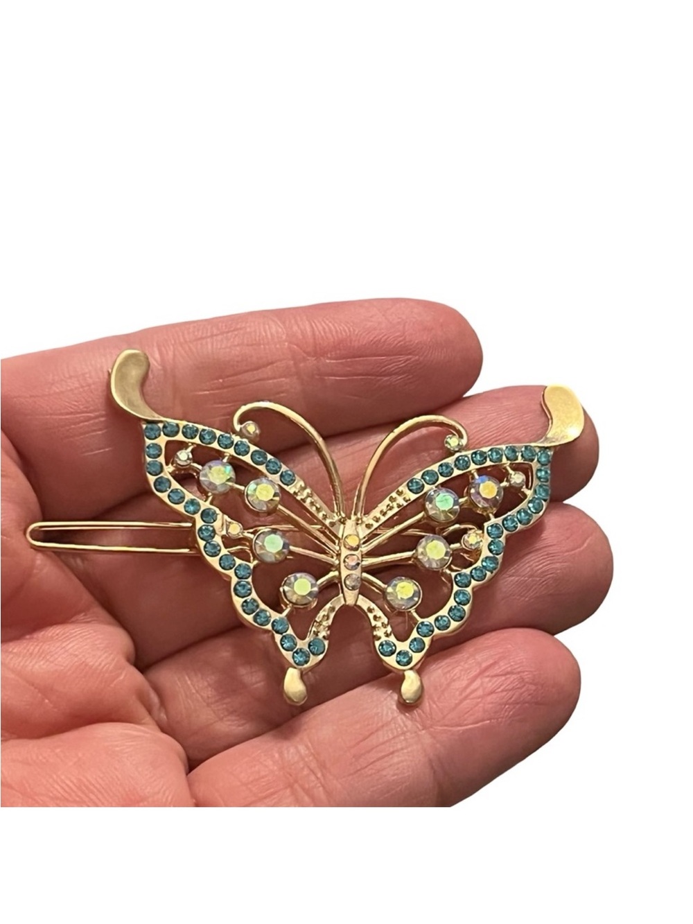 Gold Butterfly Hair Clip with Teal and Aurora Rhinestones FINAL PRICE DROP
